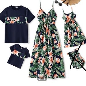 Family Matching All Over Floral Print V Neck Spaghetti Strap Midi Dresses